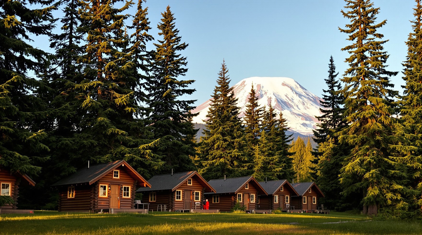 Forest cabins with Mount Rainier's snowy peak in the background
