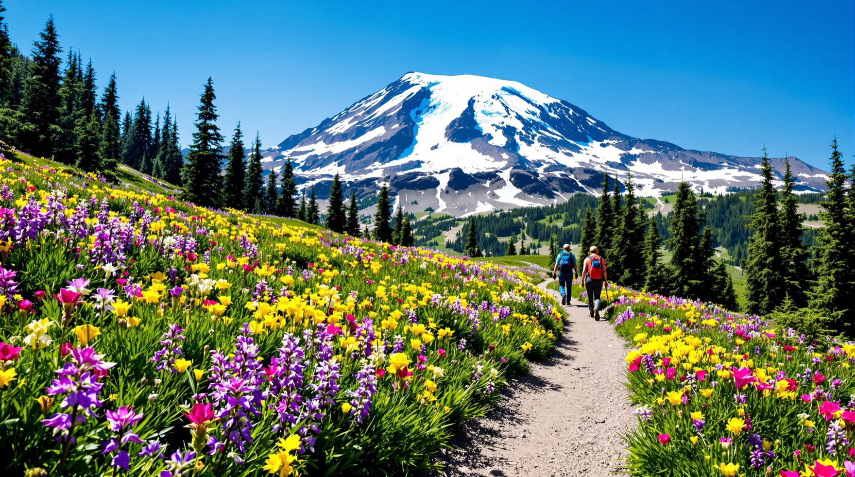 Hikers on a wildflower meadow trail below Mount Rainier's summit