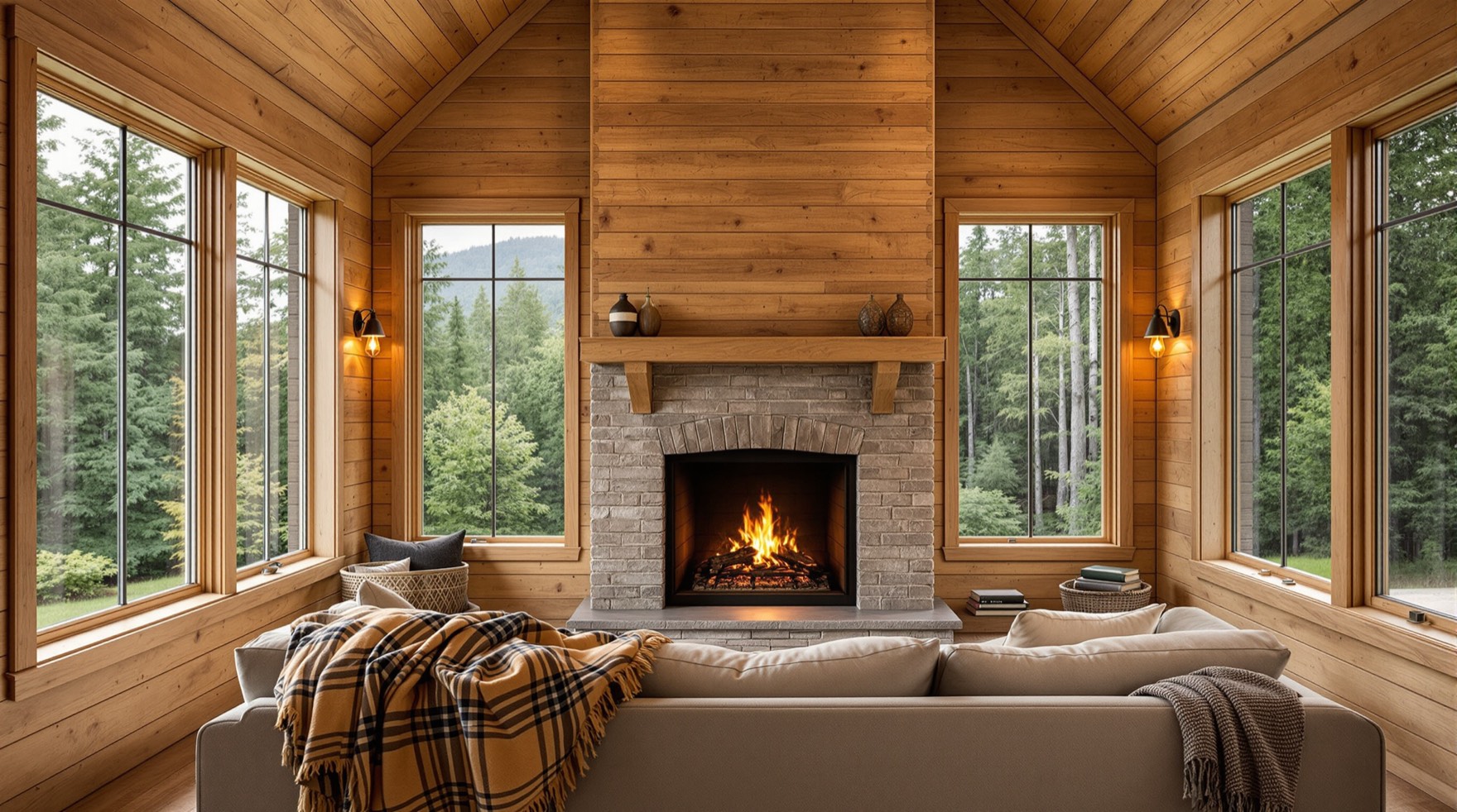 Cozy rustic cabin interior with fireplace and forest views near Mount Rainier
