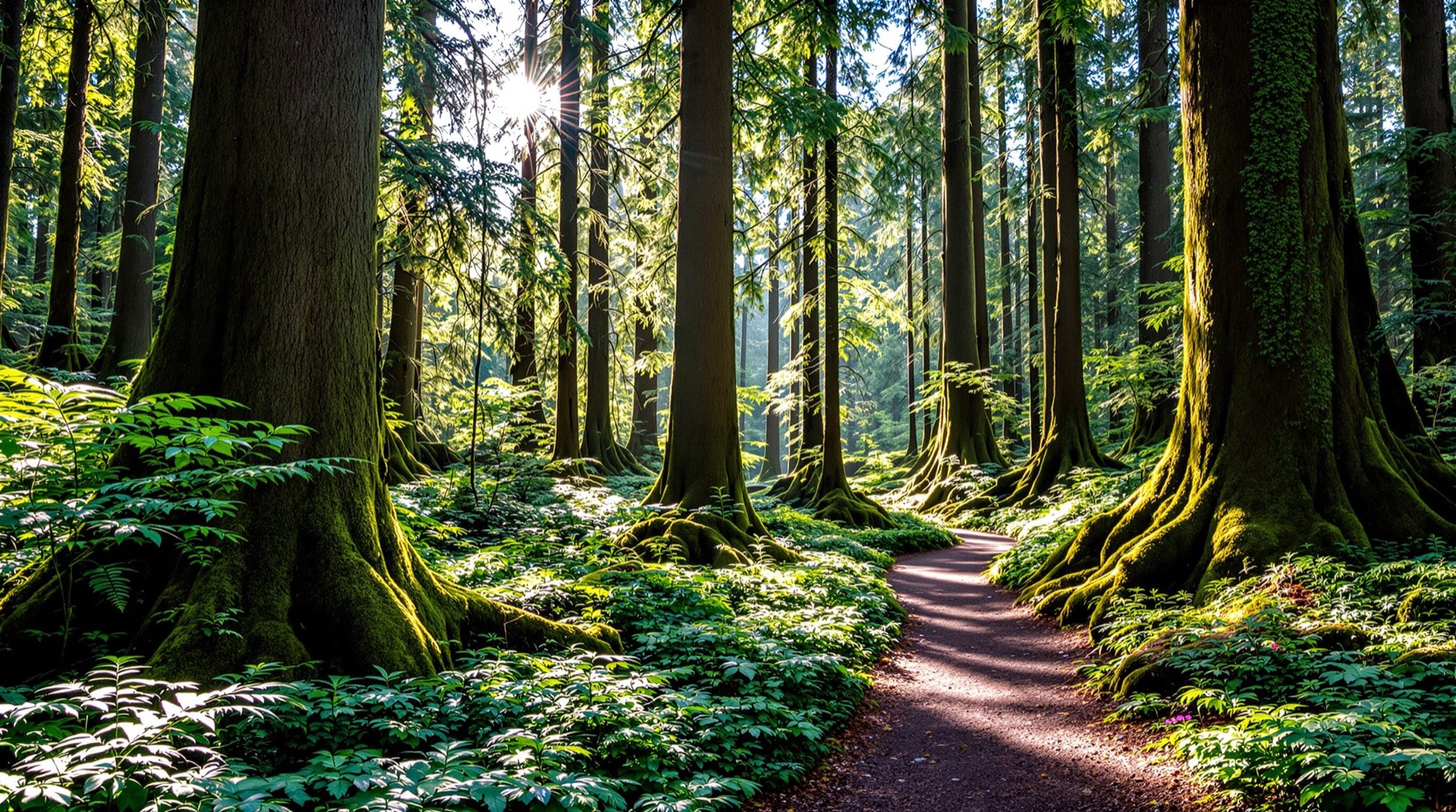 A forest hiking trail winding through old-growth trees near Mount Rainier