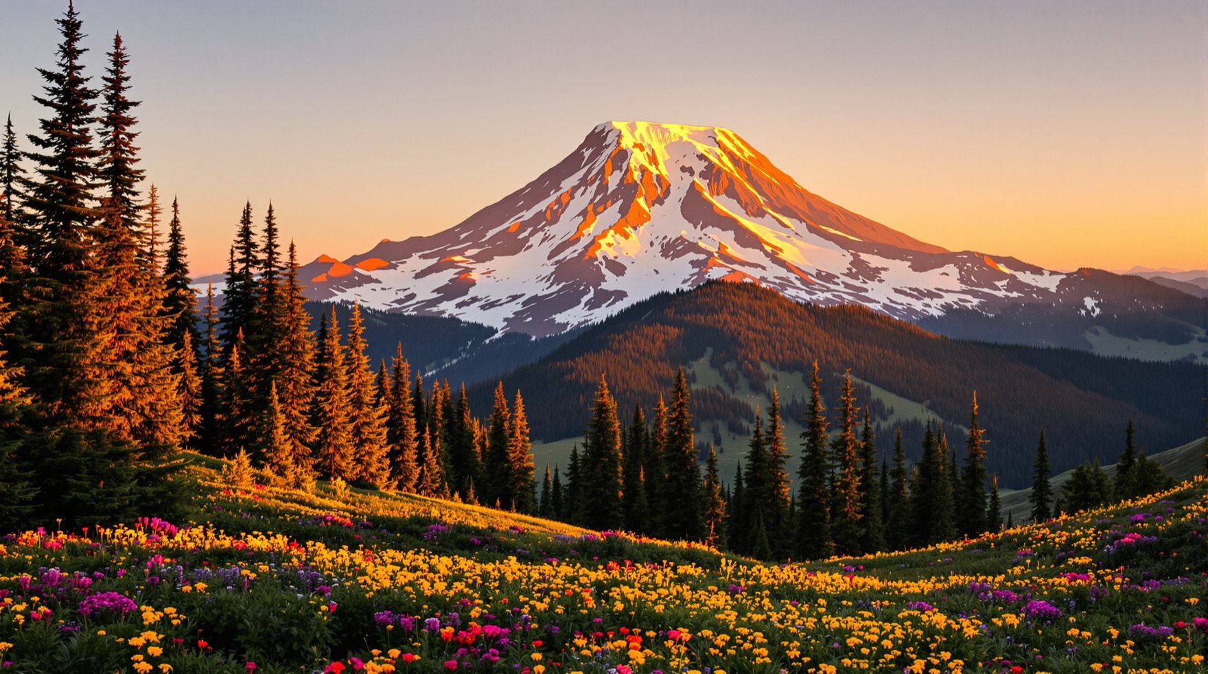 Mount Rainier's snow-capped summit rising above evergreen forest near the Nisqually gateway