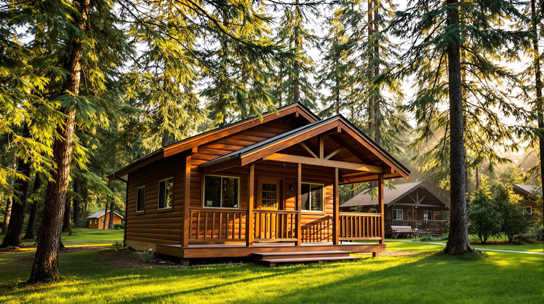 A wooden cabin surrounded by tall evergreen forest near Mount Rainier