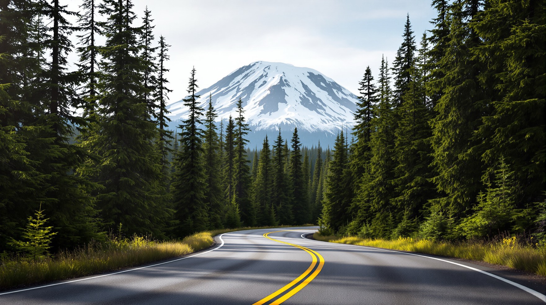 A winding forest road leading toward Mount Rainier near the Nisqually entrance