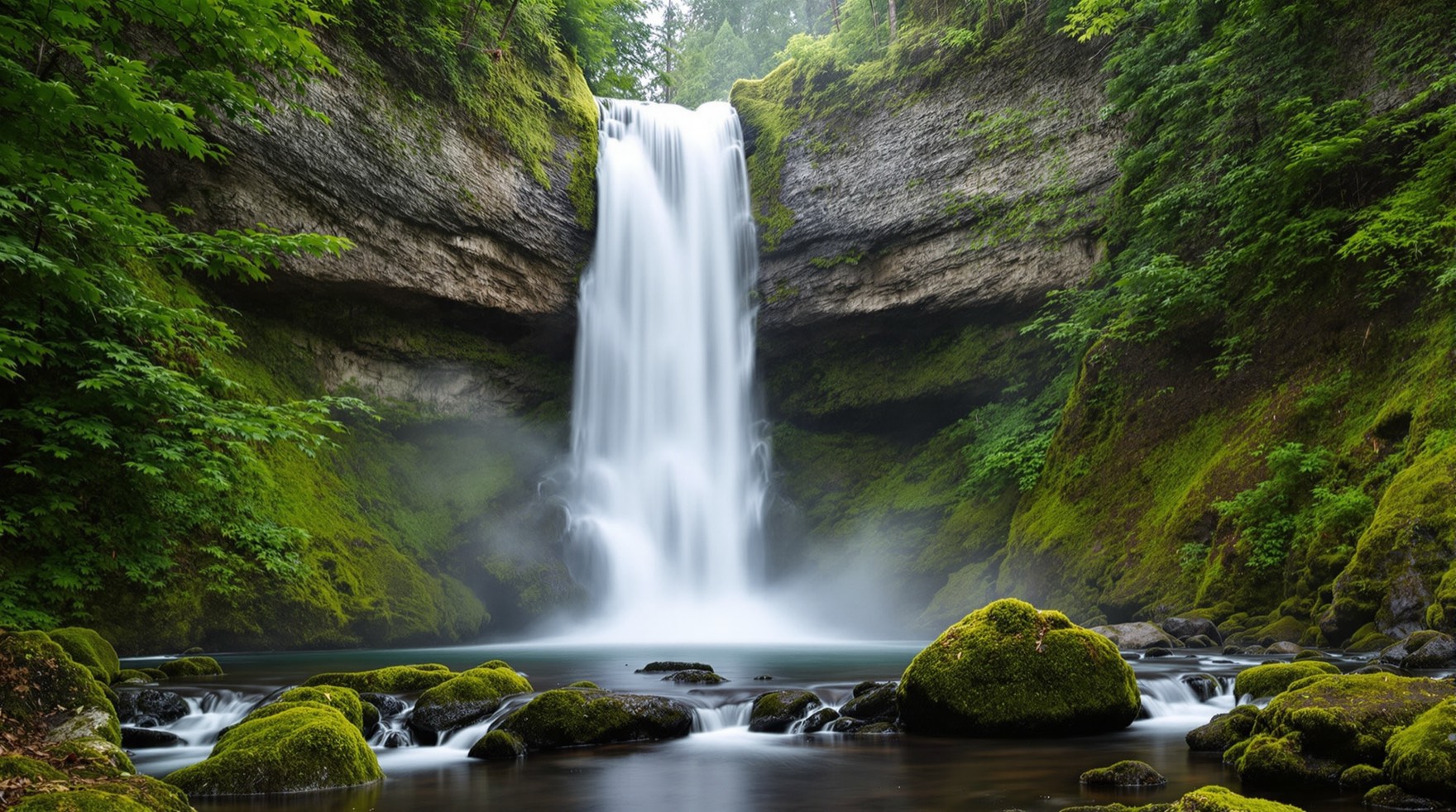 A tall waterfall cascading through a mossy green forest gorge at Mount Rainier