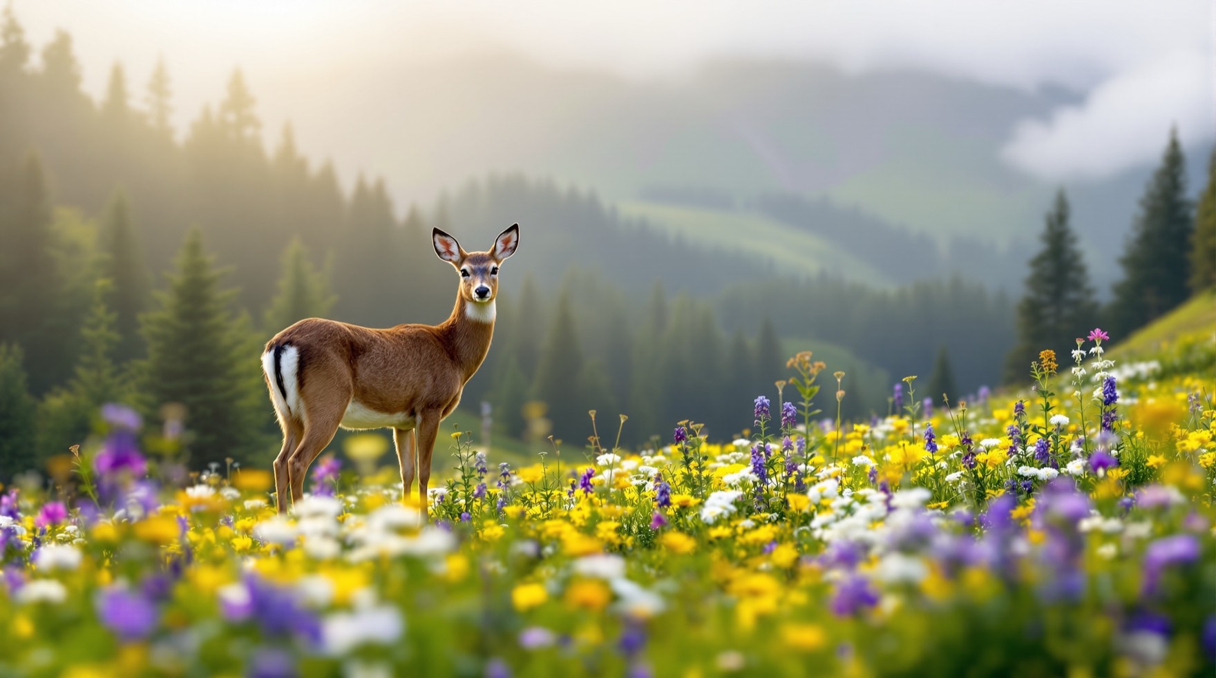 A black-tailed deer in a wildflower meadow at Mount Rainier